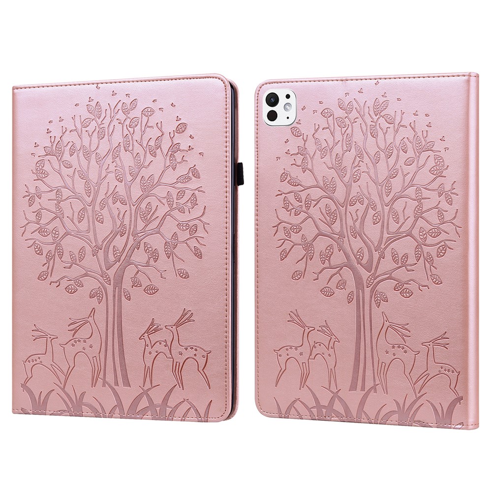 For iPad Pro 11 (2025) / 11 (2024) Case PU Leather Stand Tree Deer Pattern Tablet Cover with Card Slots - Rose Gold