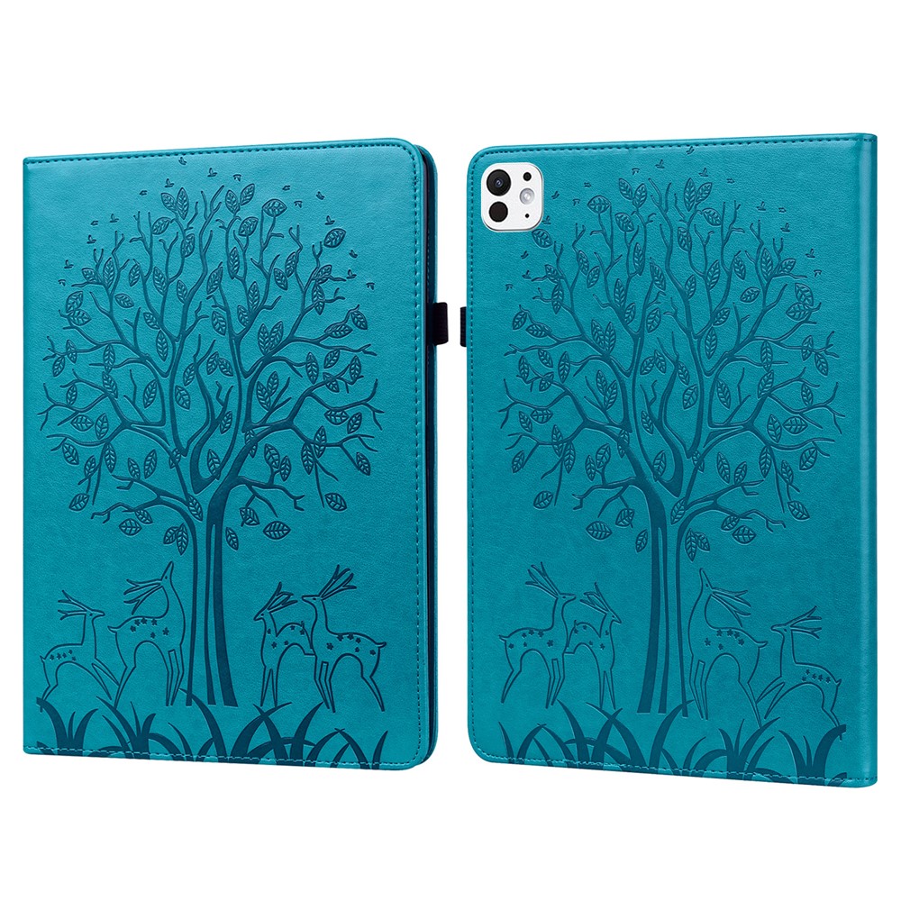 For iPad Pro 11 (2025) / 11 (2024) Case PU Leather Stand Tree Deer Pattern Tablet Cover with Card Slots - Blue