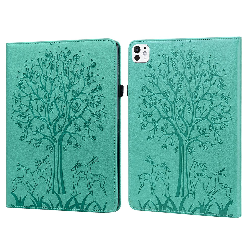 For iPad Pro 11 (2025) / 11 (2024) Case PU Leather Stand Tree Deer Pattern Tablet Cover with Card Slots - Green