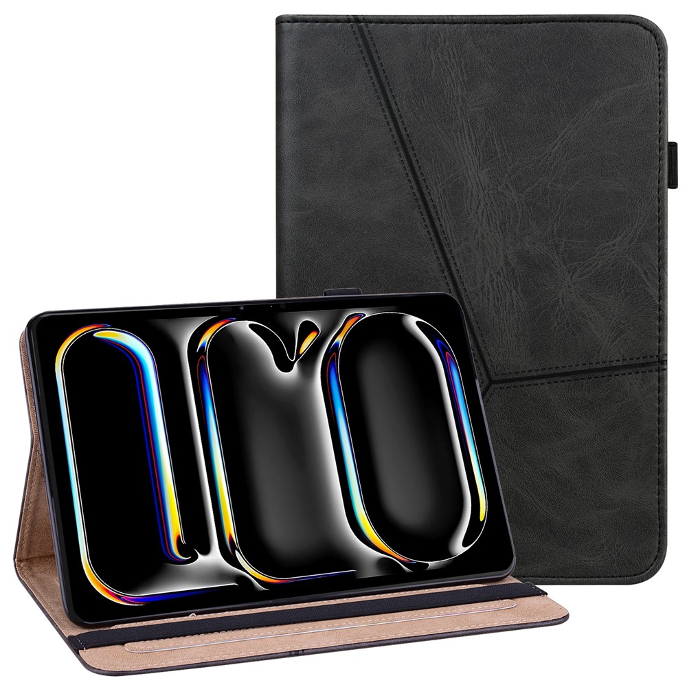 For iPad Pro 13 (2025) / 13 (2024) Case Line Imprinted PU Leather Card Holder Tablet Stand Cover - Black