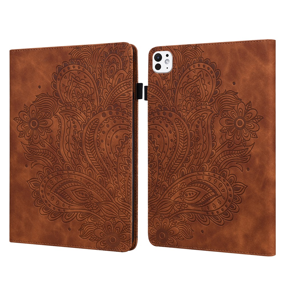 For iPad Pro 11 (2025) / 11 (2024) Case Flower Pattern Card Holder PU Leather Stand Tablet Cover - Brown