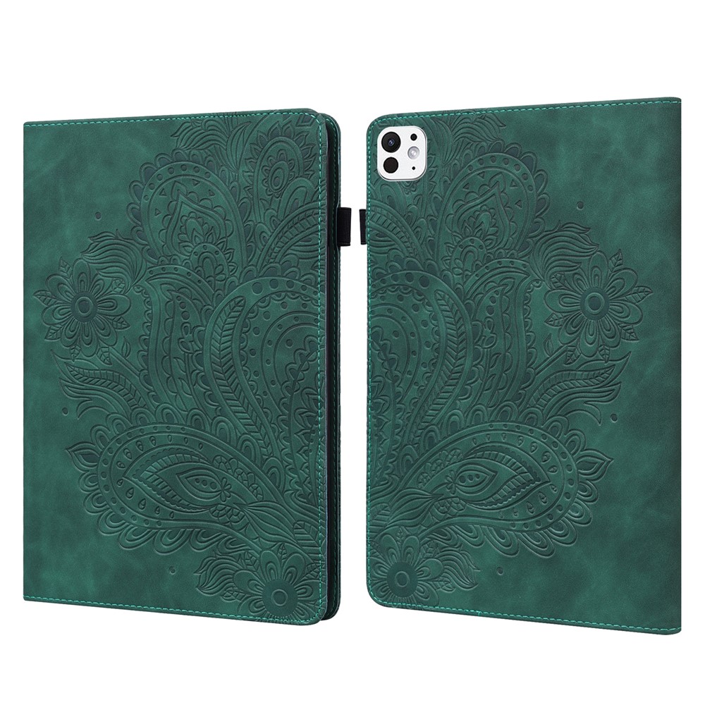 For iPad Pro 11 (2025) / 11 (2024) Case Flower Pattern Card Holder PU Leather Stand Tablet Cover - Green