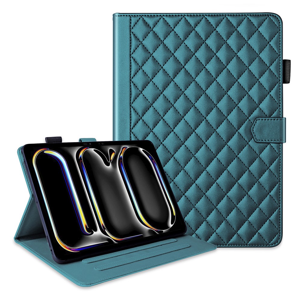 For iPad Pro 11 (2025) / 11 (2024) Case Rhombus Grid PU Leather Stand Tablet Cover with Card Slot - Blackish Green