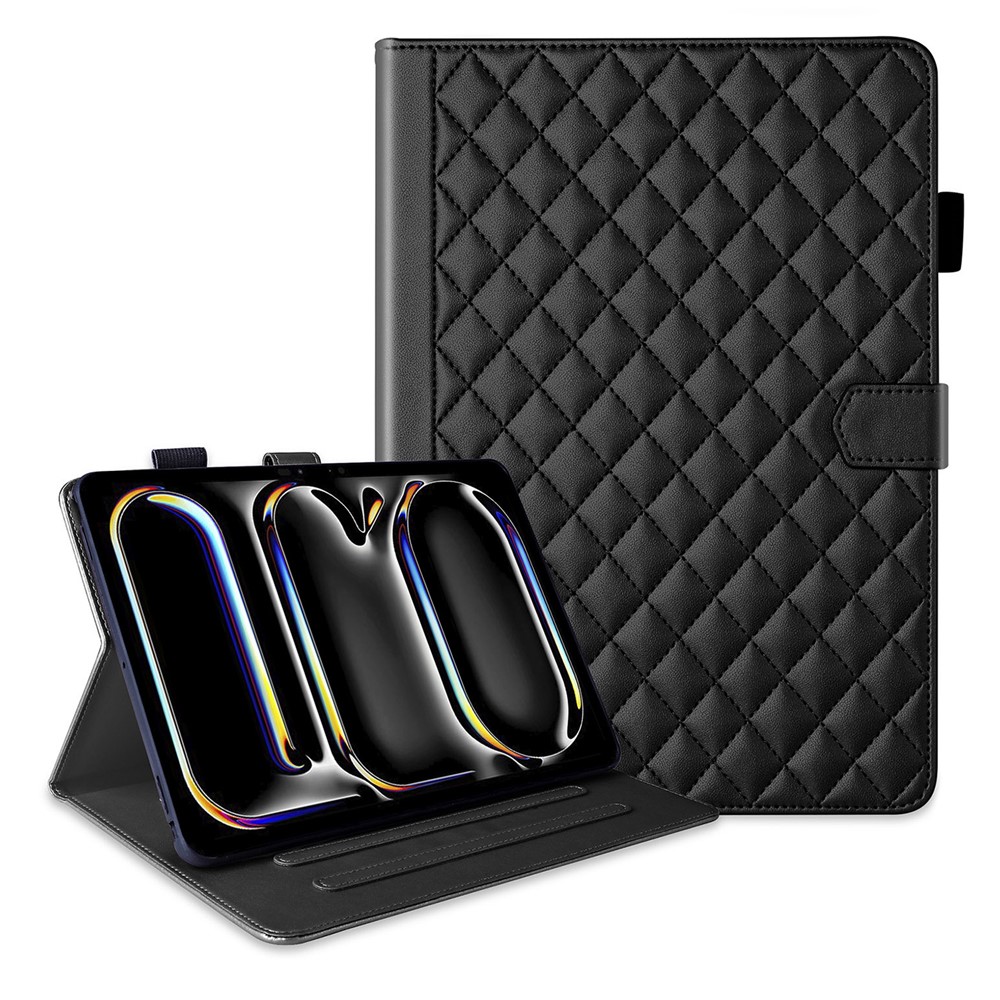 For iPad Pro 13 (2025) / 13 (2024) Case Card Holder Rhombus Grid PU Leather Stand Tablet Cover - Black