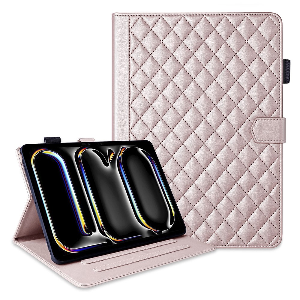 For iPad Pro 13 (2025) / 13 (2024) Case Card Holder Rhombus Grid PU Leather Stand Tablet Cover - Rose Gold