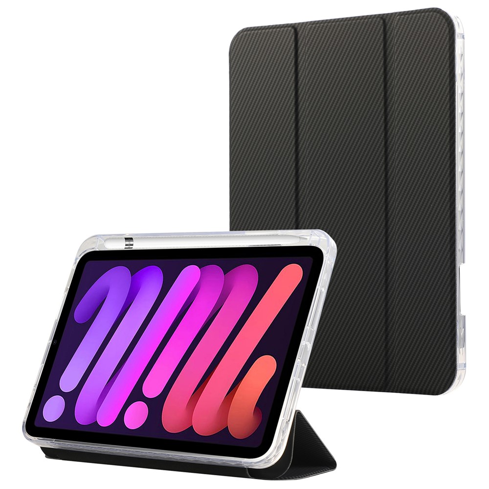 For iPad mini (2024) / mini (2021) Case Carbon Fiber Texture Leather+Clear Acrylic+TPU Stand Tablet Cover - Black