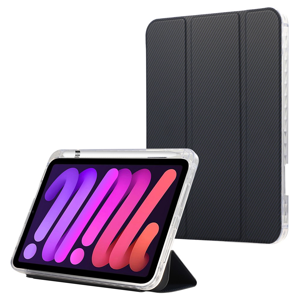 For iPad mini (2024) / mini (2021) Case Carbon Fiber Texture Leather+Clear Acrylic+TPU Stand Tablet Cover - Dark Blue