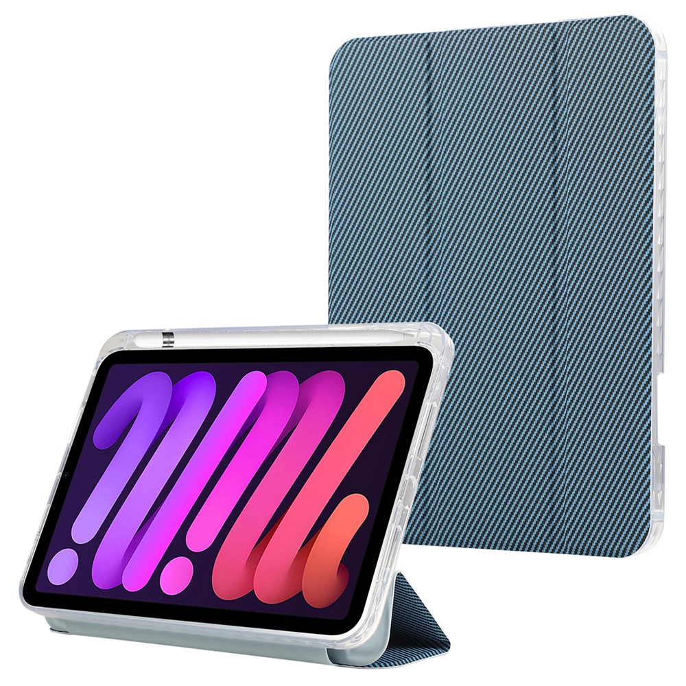 For iPad mini (2024) / mini (2021) Case Carbon Fiber Texture Leather+Clear Acrylic+TPU Stand Tablet Cover - Baby Blue
