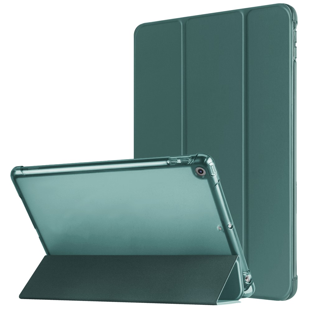 For iPad 10.2 (2021) / (2019) / (2020) Case Tri-Fold Stand Leather Tablet Cover with Pencil Holder - Blackish Green