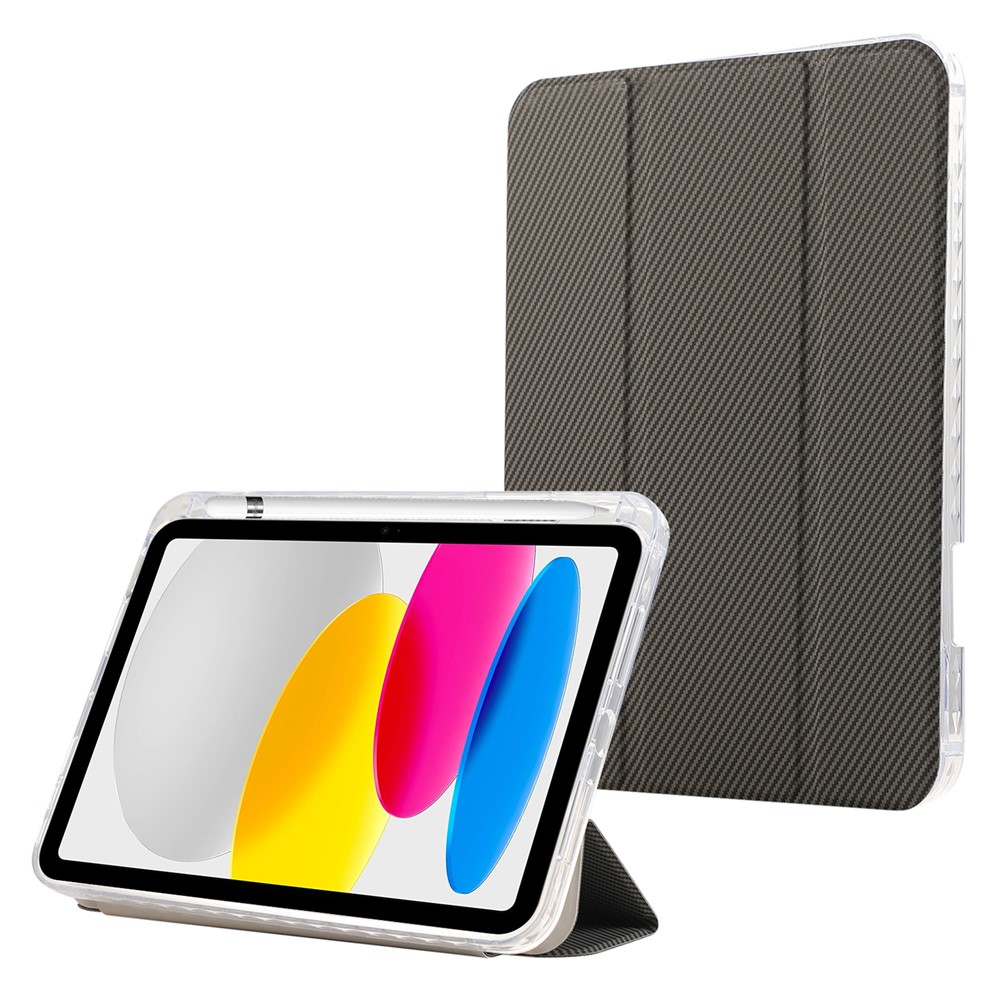 For iPad (2025) / 10.9 (2022) Case Tri-Fold Stand Leather Tablet Cover Auto Wake / Sleep Carbon Fiber Texture - Gold