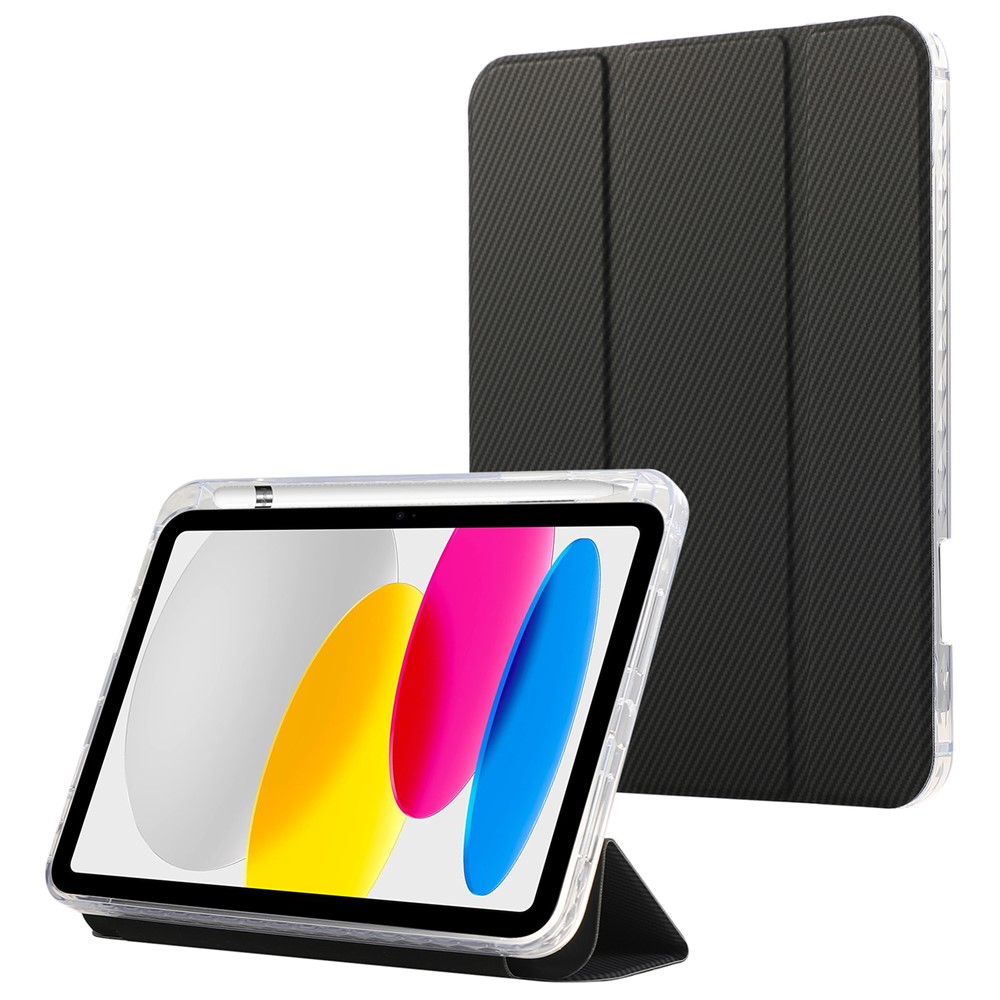 For iPad (2025) / 10.9 (2022) Case Tri-Fold Stand Leather Tablet Cover Auto Wake / Sleep Carbon Fiber Texture - Black