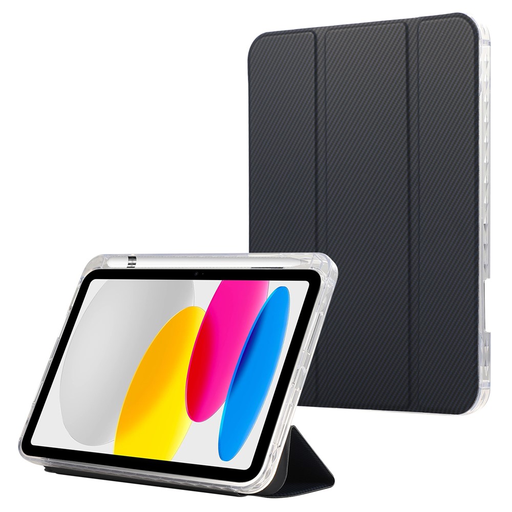 For iPad (2025) / 10.9 (2022) Case Tri-Fold Stand Leather Tablet Cover Auto Wake / Sleep Carbon Fiber Texture - Dark Blue