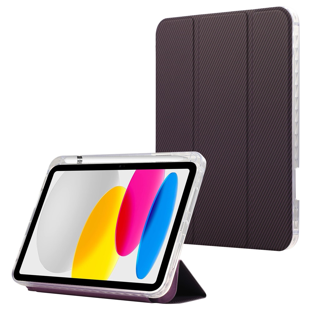 For iPad (2025) / 10.9 (2022) Case Tri-Fold Stand Leather Tablet Cover Auto Wake / Sleep Carbon Fiber Texture - Purple