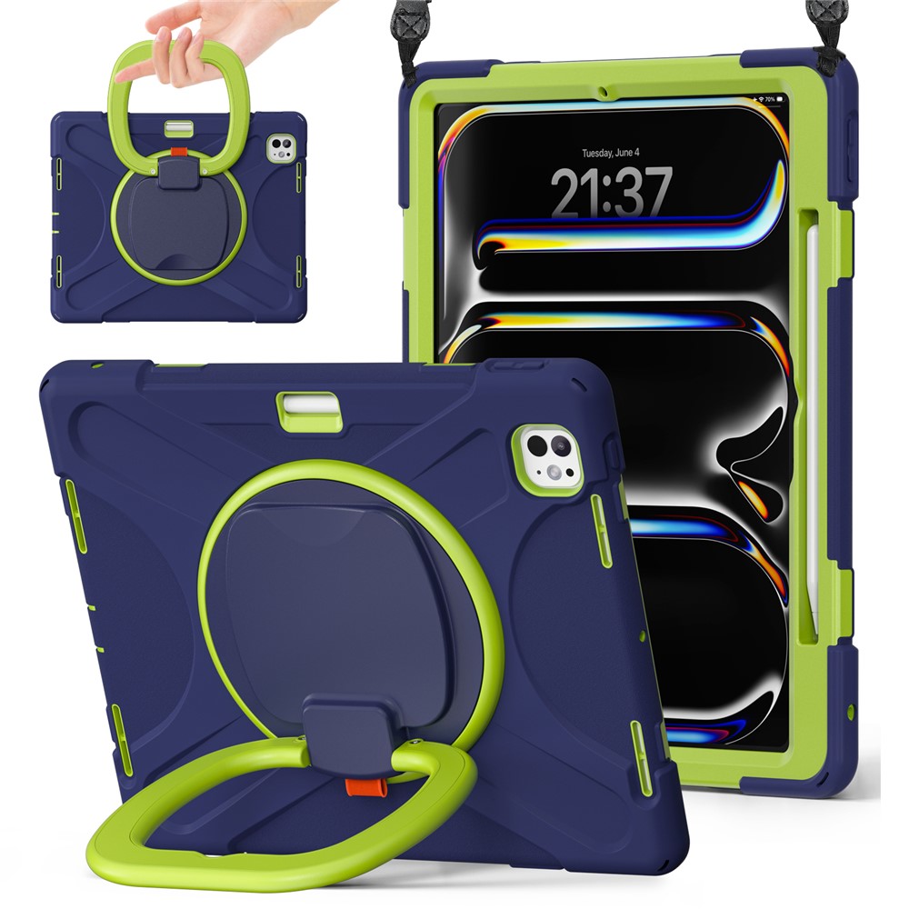 For iPad Pro 13 (2025) / (2024) Case with Shoulder Strap TPU+PC+Silicone Kickstand Tablet Cover - Navy Blue+Yellowgreen