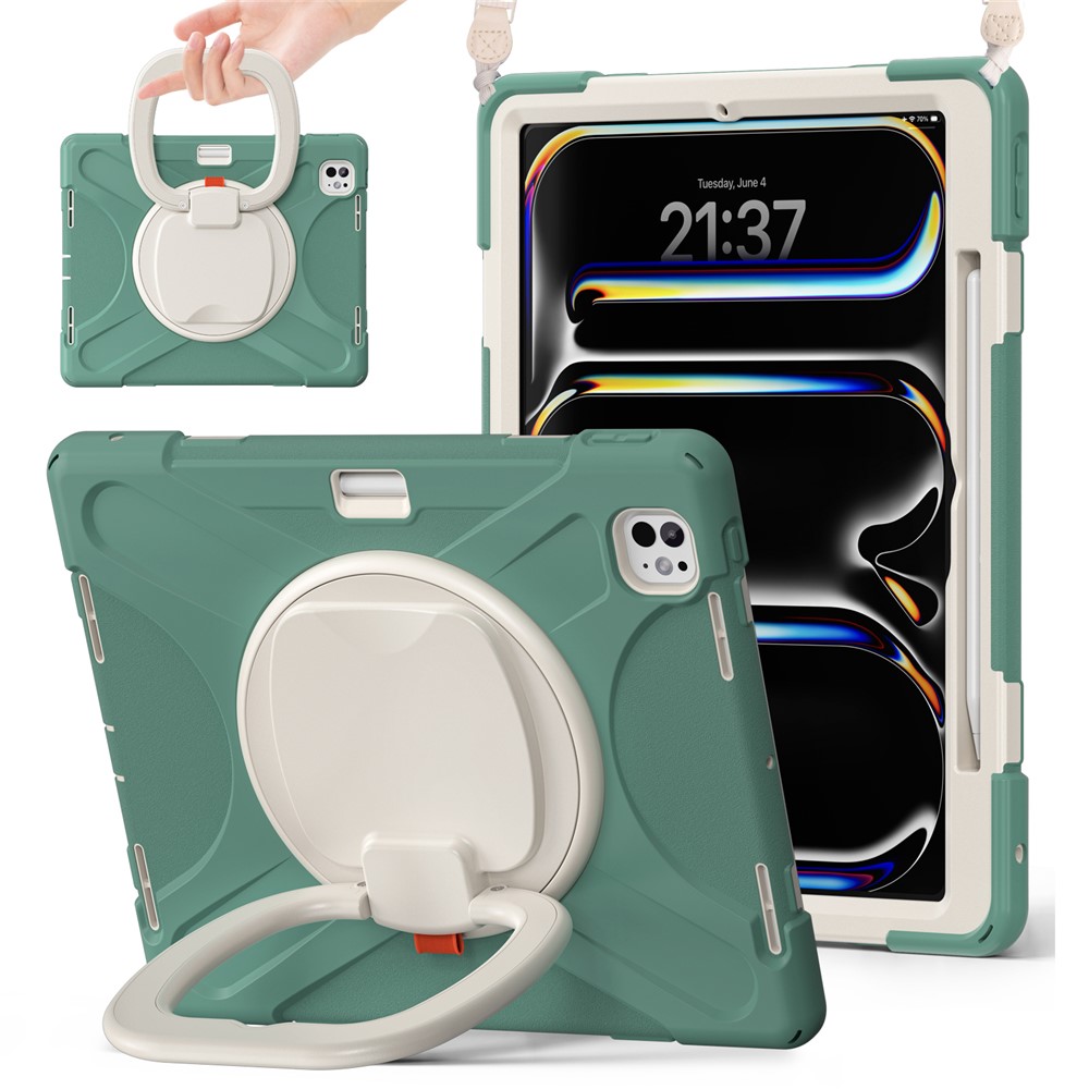 For iPad Pro 13 (2025) / (2024) Case with Shoulder Strap TPU+PC+Silicone Kickstand Tablet Cover - Emerald Green