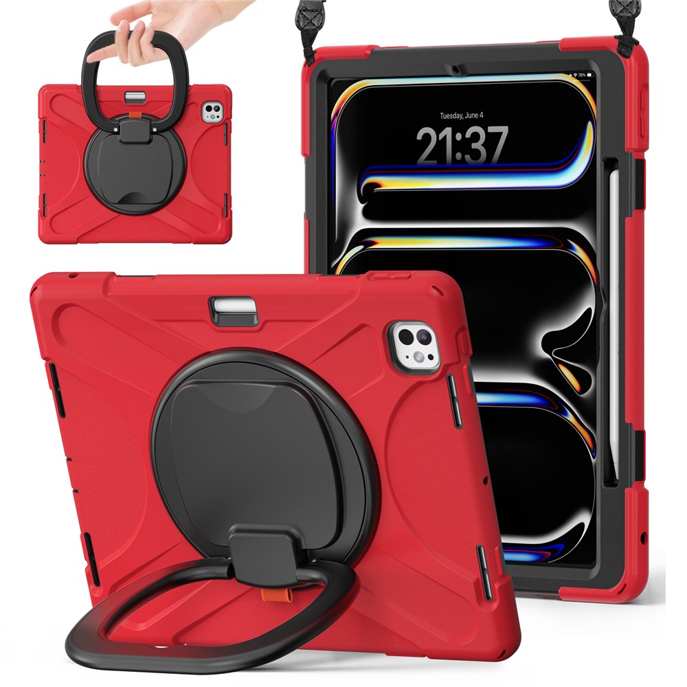 For iPad Pro 13 (2025) / (2024) Case with Shoulder Strap TPU+PC+Silicone Kickstand Tablet Cover - Red+Black