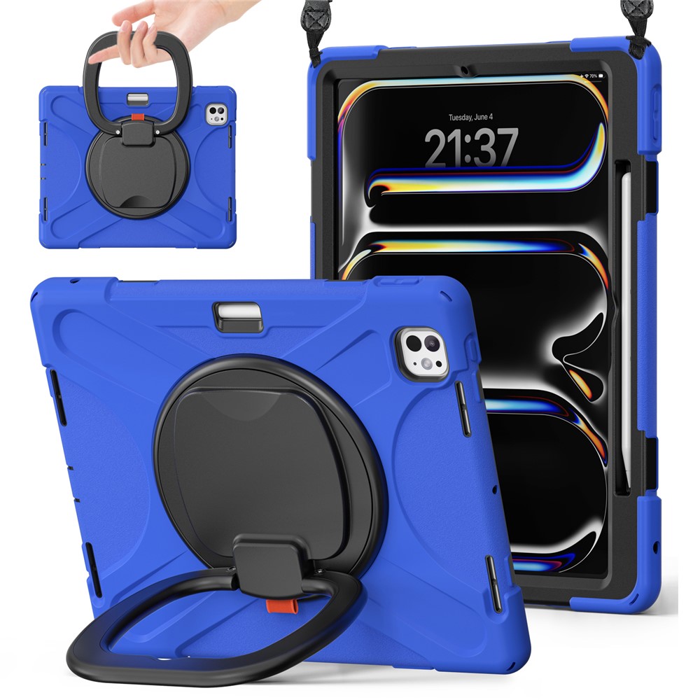 For iPad Pro 13 (2025) / (2024) Case with Shoulder Strap TPU+PC+Silicone Kickstand Tablet Cover - Blue+Black