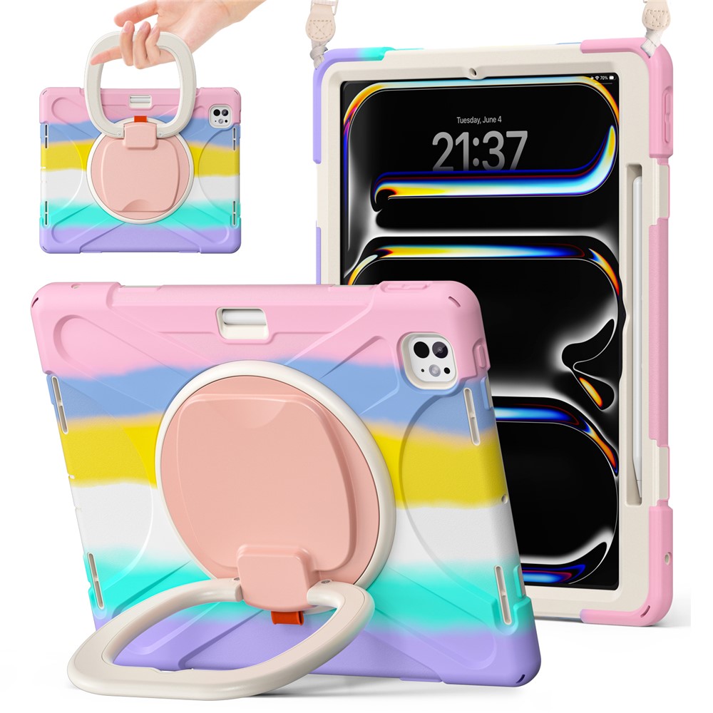 For iPad Pro 13 (2025) / (2024) Case with Shoulder Strap TPU+PC+Silicone Kickstand Tablet Cover - Colorful Pink