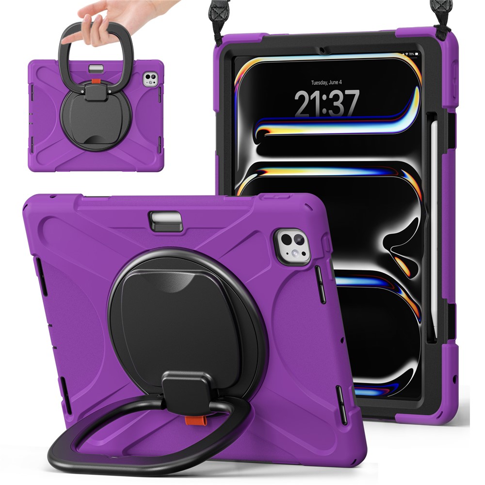 For iPad Pro 13 (2025) / (2024) Case with Shoulder Strap TPU+PC+Silicone Kickstand Tablet Cover - Purple
