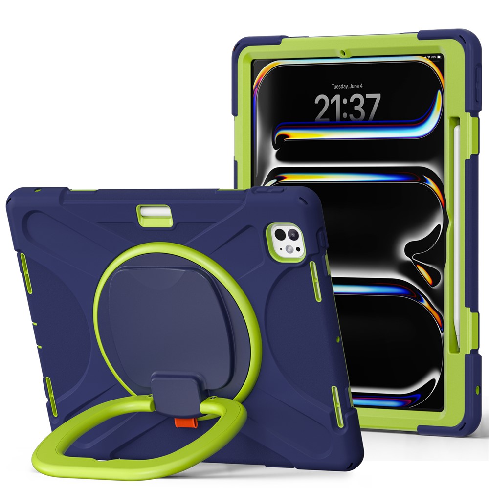 For iPad Pro 13 (2025) / (2024) Case TPU+PC+Silicone Tablet Cover Swivel Kickstand Handle Grip - Navy Blue+Yellowgreen