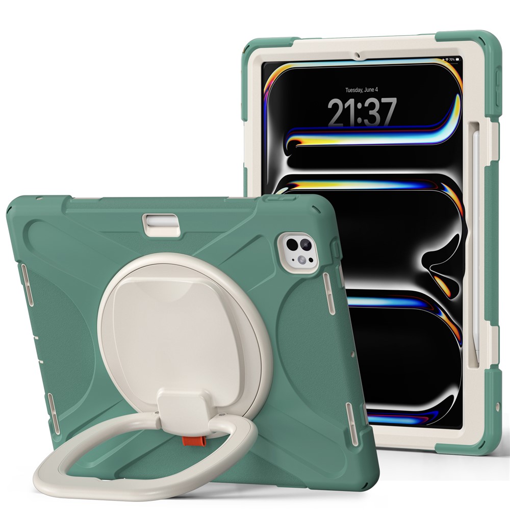 For iPad Pro 13 (2025) / (2024) Case TPU+PC+Silicone Tablet Cover Swivel Kickstand Handle Grip - Emerald Green