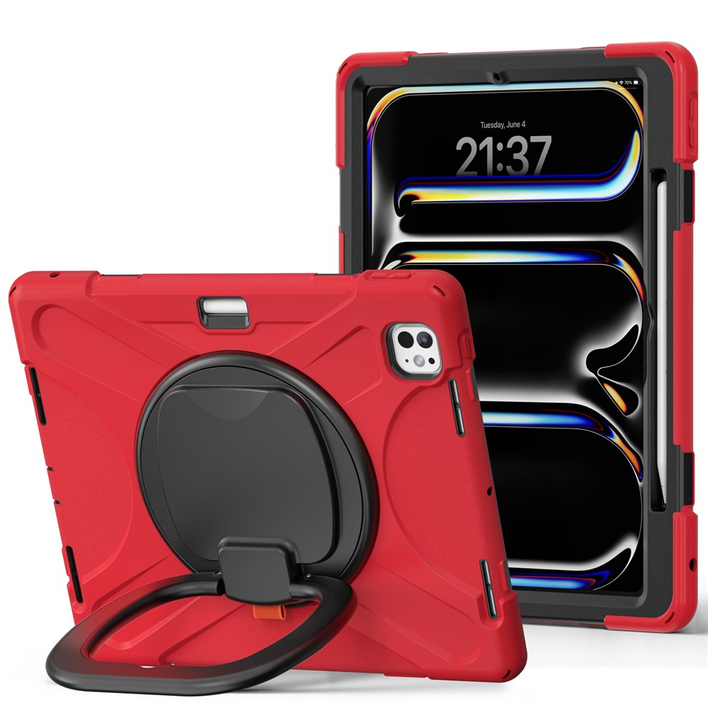 For iPad Pro 13 (2025) / (2024) Case TPU+PC+Silicone Tablet Cover Swivel Kickstand Handle Grip - Red+Black
