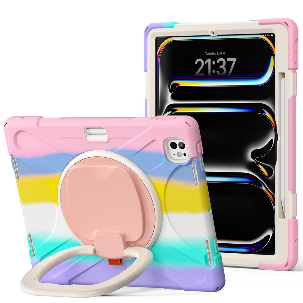 For iPad Pro 13 (2025) / (2024) Case TPU+PC+Silicone Tablet Cover Swivel Kickstand Handle Grip - Colorful Pink