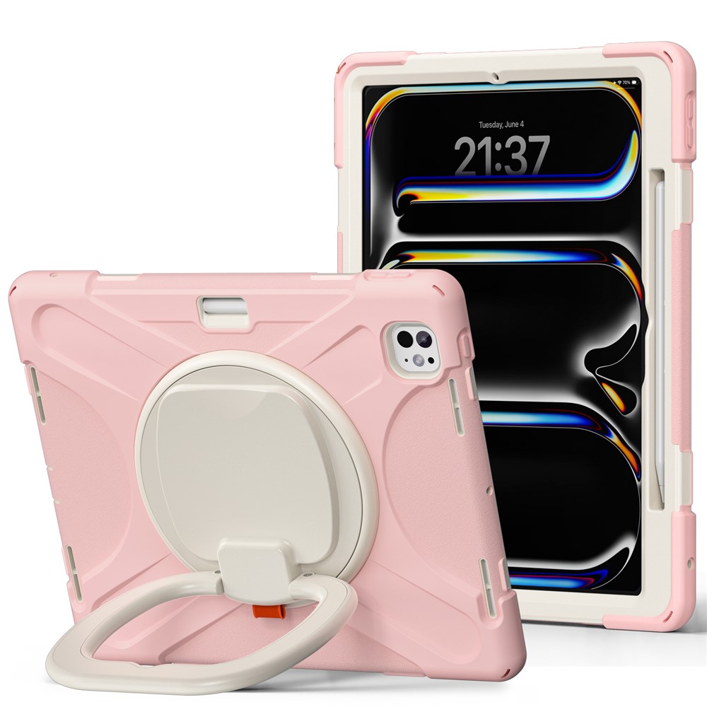 For iPad Pro 13 (2025) / (2024) Case TPU+PC+Silicone Tablet Cover Swivel Kickstand Handle Grip - Pink