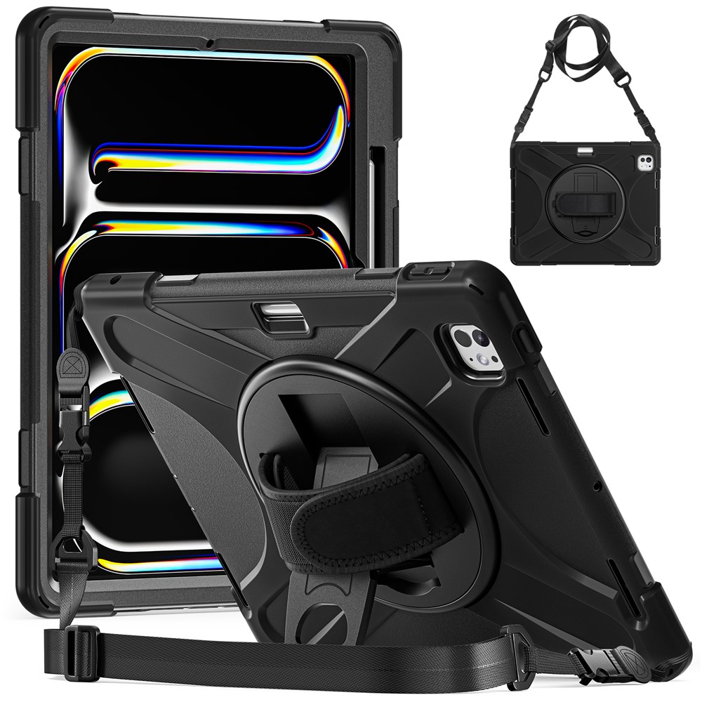 For iPad Pro 13 (2025) / 13 (2024) Case Kickstand Pen Slot TPU+PC+Silicone Tablet Cover with Shoulder Strap - Black