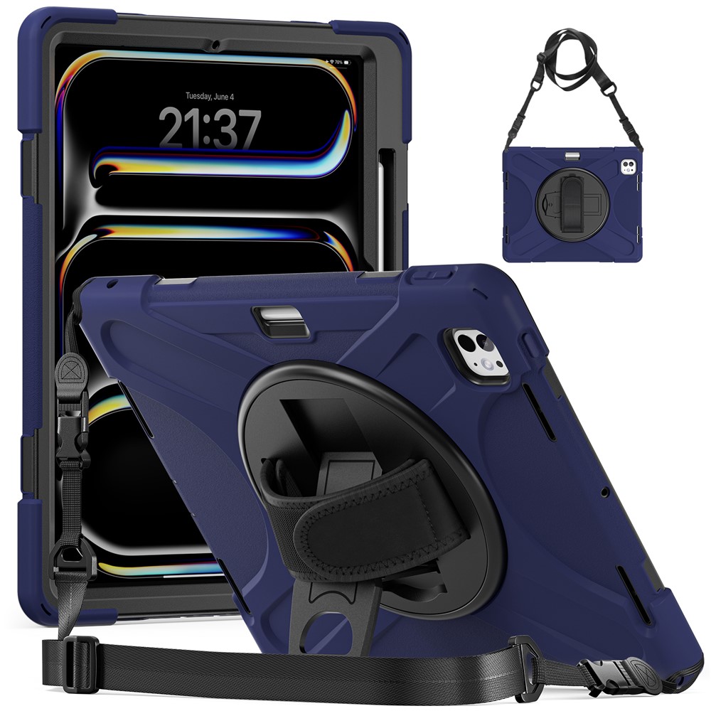 For iPad Pro 13 (2025) / 13 (2024) Case Kickstand Pen Slot TPU+PC+Silicone Tablet Cover with Shoulder Strap - Navy Blue