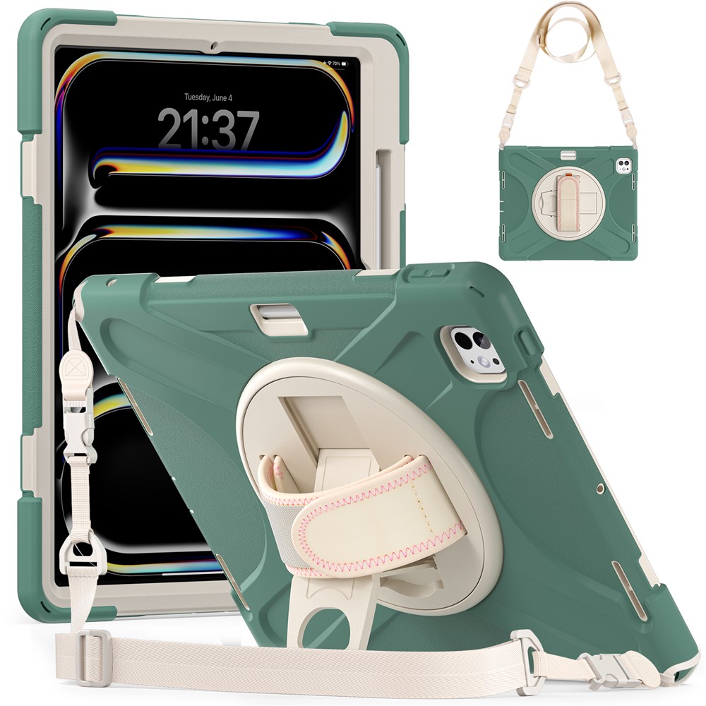 For iPad Pro 13 (2025) / 13 (2024) Case Kickstand Pen Slot TPU+PC+Silicone Tablet Cover with Shoulder Strap - Emerald Green