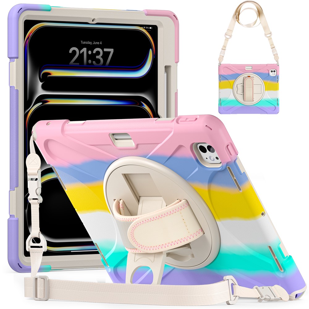 For iPad Pro 13 (2025) / 13 (2024) Case Kickstand Pen Slot TPU+PC+Silicone Tablet Cover with Shoulder Strap - Colorful Pink