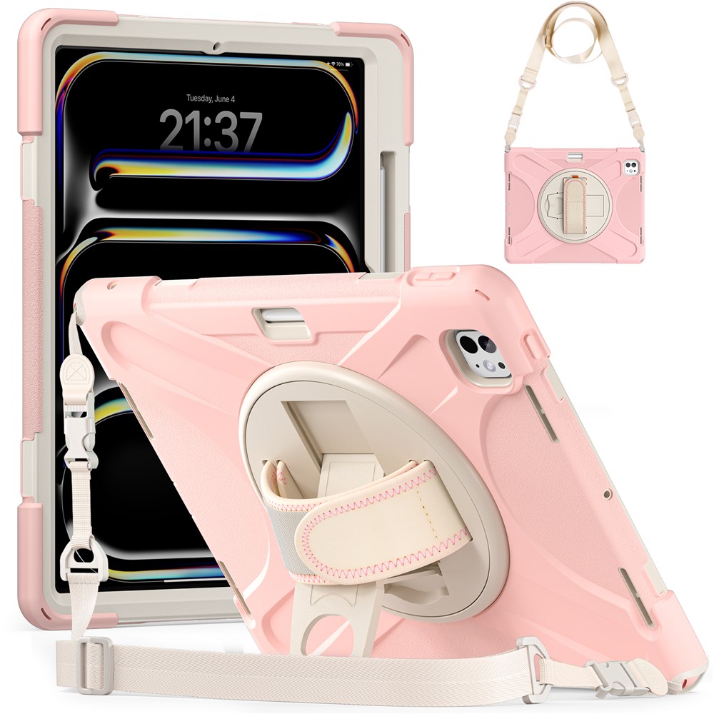 For iPad Pro 13 (2025) / 13 (2024) Case Kickstand Pen Slot TPU+PC+Silicone Tablet Cover with Shoulder Strap - Pink