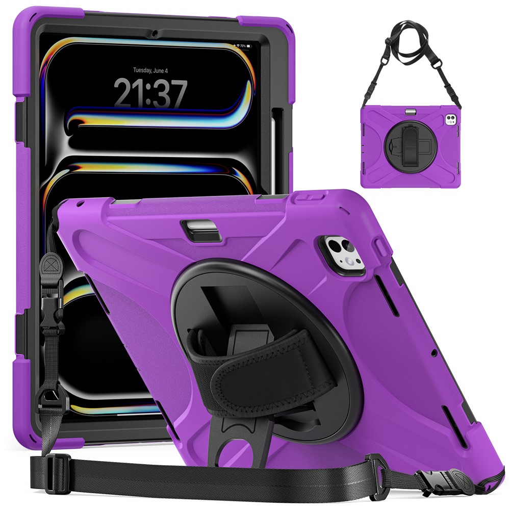 For iPad Pro 13 (2025) / 13 (2024) Case Kickstand Pen Slot TPU+PC+Silicone Tablet Cover with Shoulder Strap - Purple