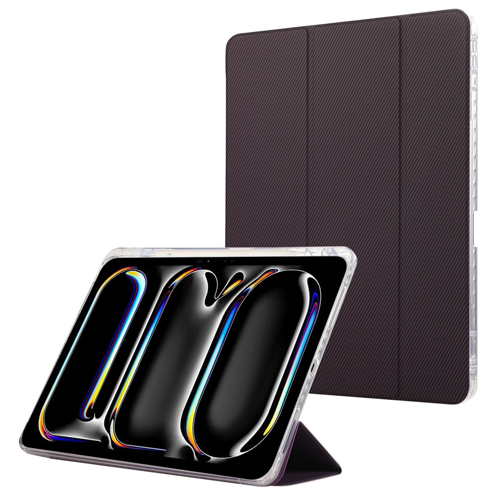 For iPad Pro 11 (2025) / 11 (2024) Case Tri-Fold Stand Leather Smart Tablet Cover Carbon Fiber Texture - Purple