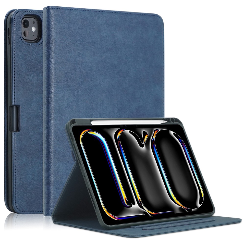 For iPad Pro 11 (2025) / 11 (2024) Case Stand PU Leather Smart Protective Cover with Pen Holder - Blue