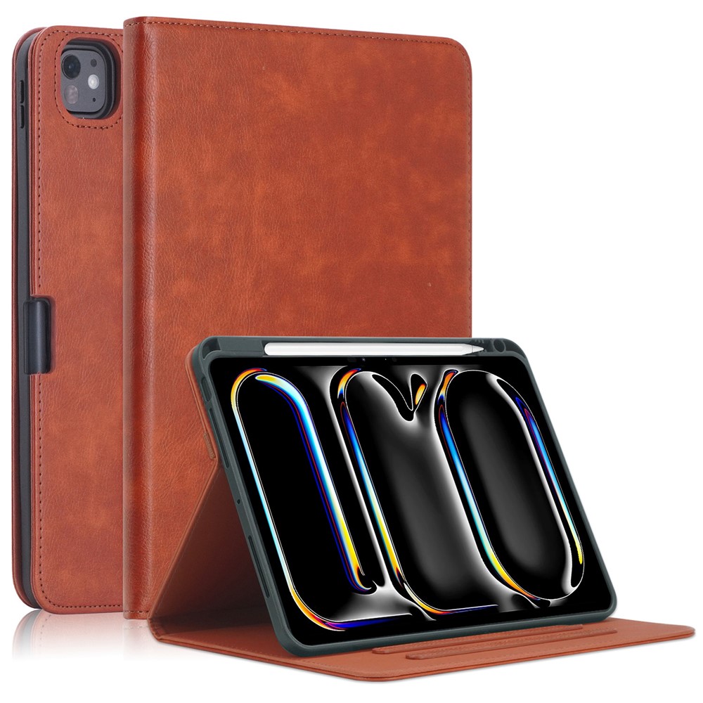 For iPad Pro 11 (2025) / 11 (2024) Case Stand PU Leather Smart Protective Cover with Pen Holder - Brown