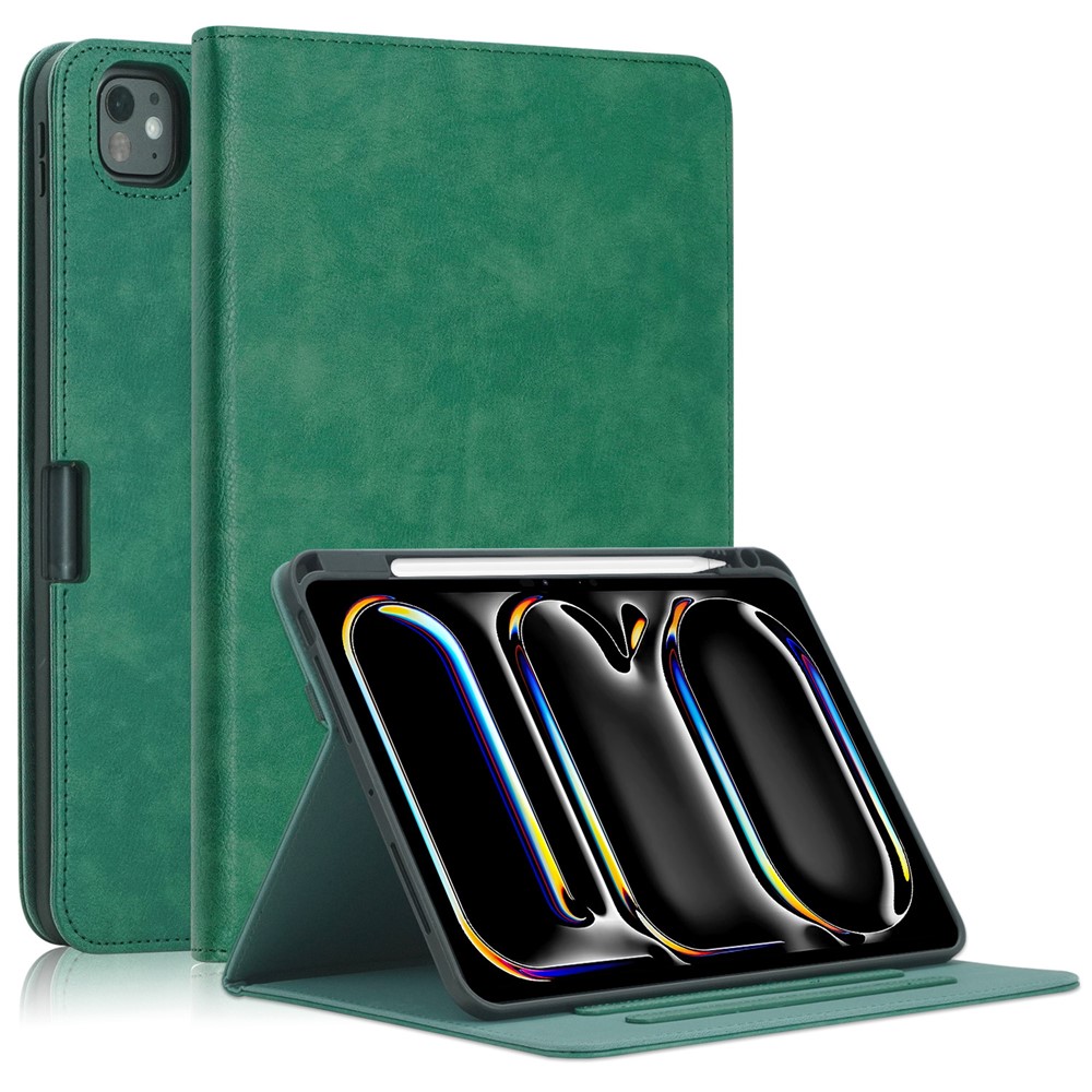 For iPad Pro 11 (2025) / 11 (2024) Case Stand PU Leather Smart Protective Cover with Pen Holder - Green