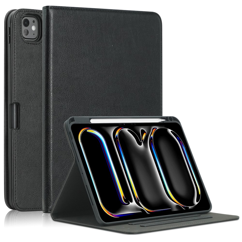 For iPad Pro 11 (2025) / 11 (2024) Case Stand PU Leather Smart Protective Cover with Pen Holder - Black