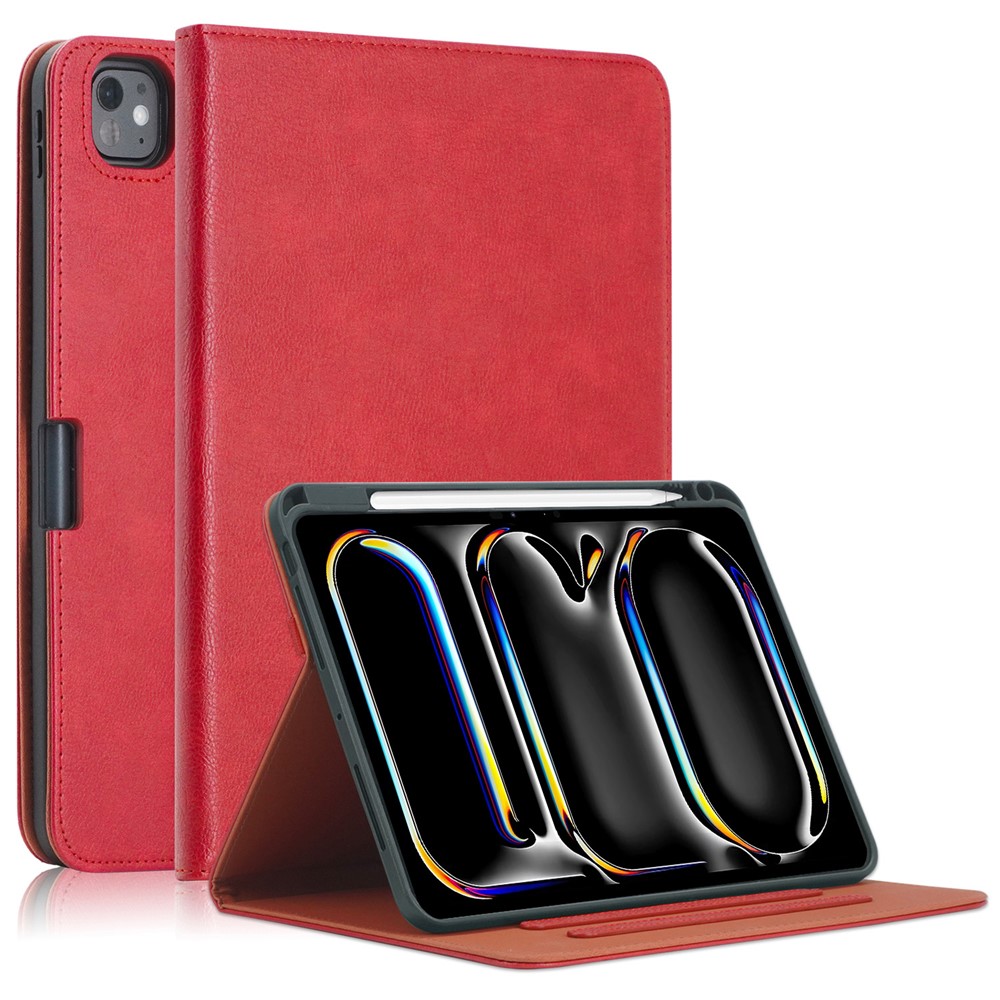 For iPad Pro 11 (2025) / 11 (2024) Case Stand PU Leather Smart Protective Cover with Pen Holder - Red