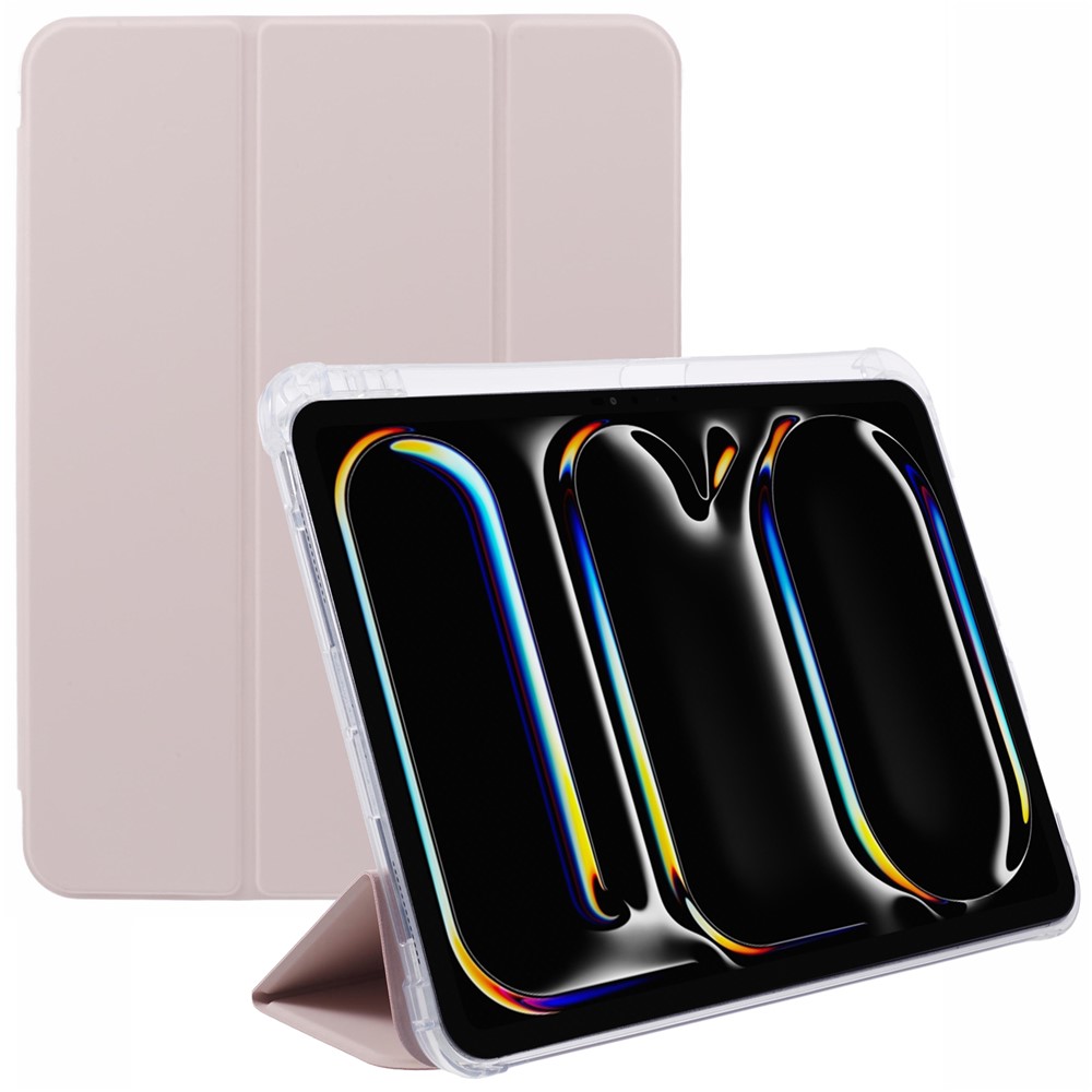 For iPad Pro 11 (2025) / 11 (2024) Case Trifold Stand PU Leather+Clear TPU Tablet Cover with Pen Slot - Pink