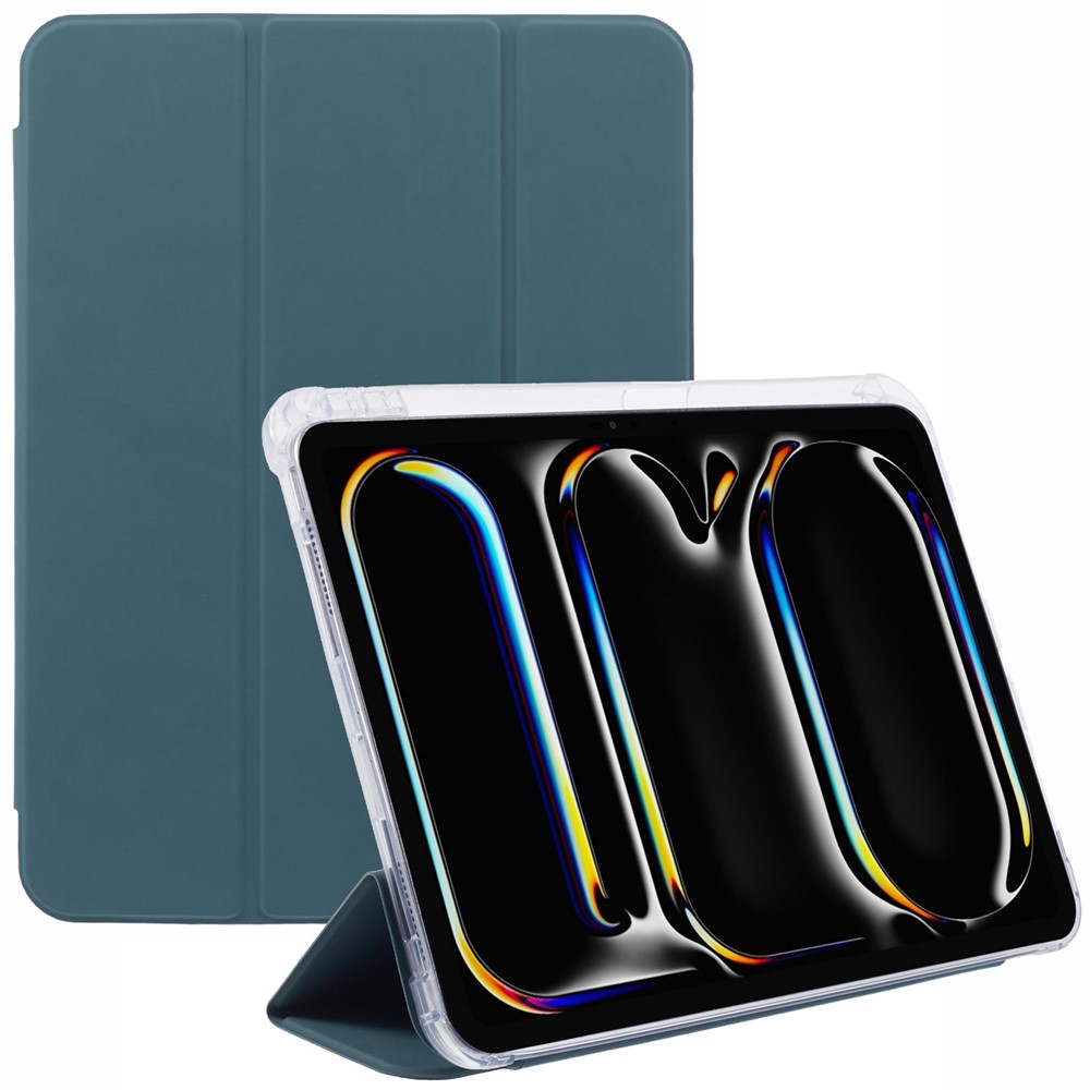 For iPad Pro 11 (2025) / 11 (2024) Case Trifold Stand PU Leather+Clear TPU Tablet Cover with Pen Slot - Blackish Green