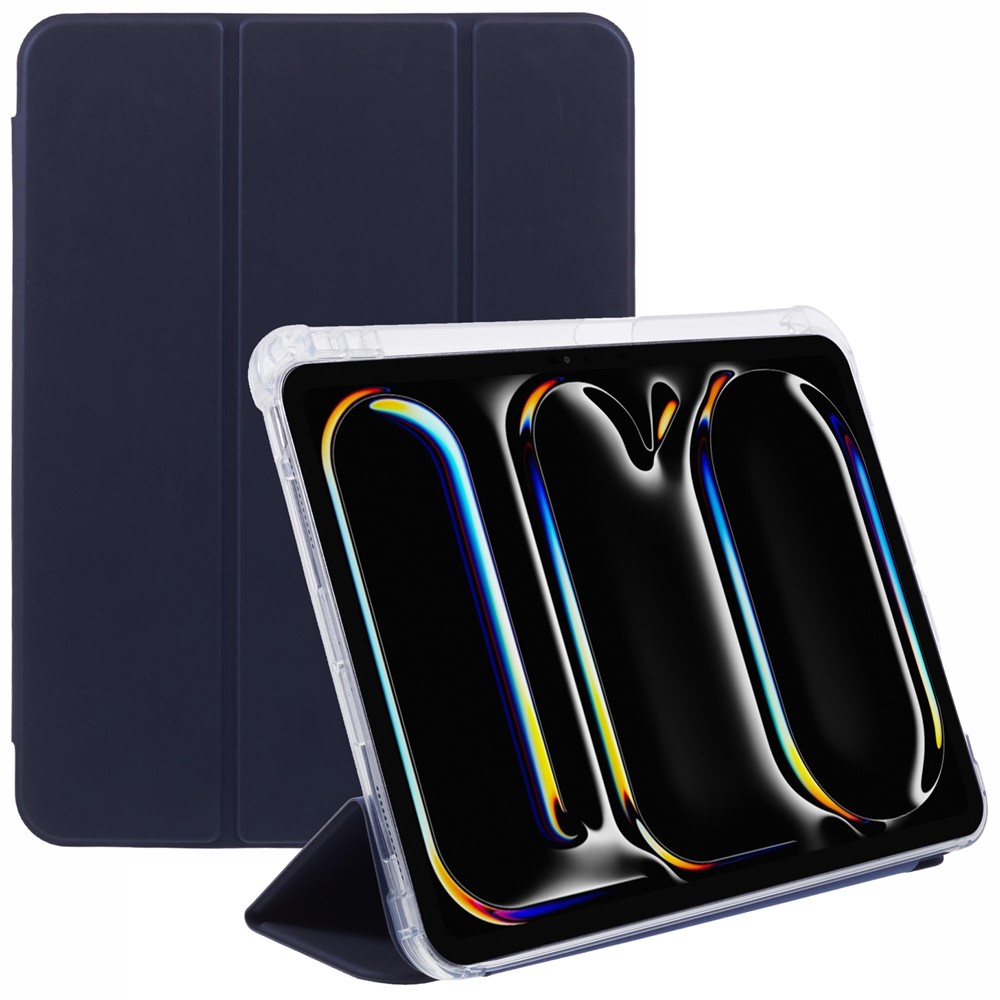 For iPad Pro 11 (2025) / 11 (2024) Case Trifold Stand PU Leather+Clear TPU Tablet Cover with Pen Slot - Dark Blue