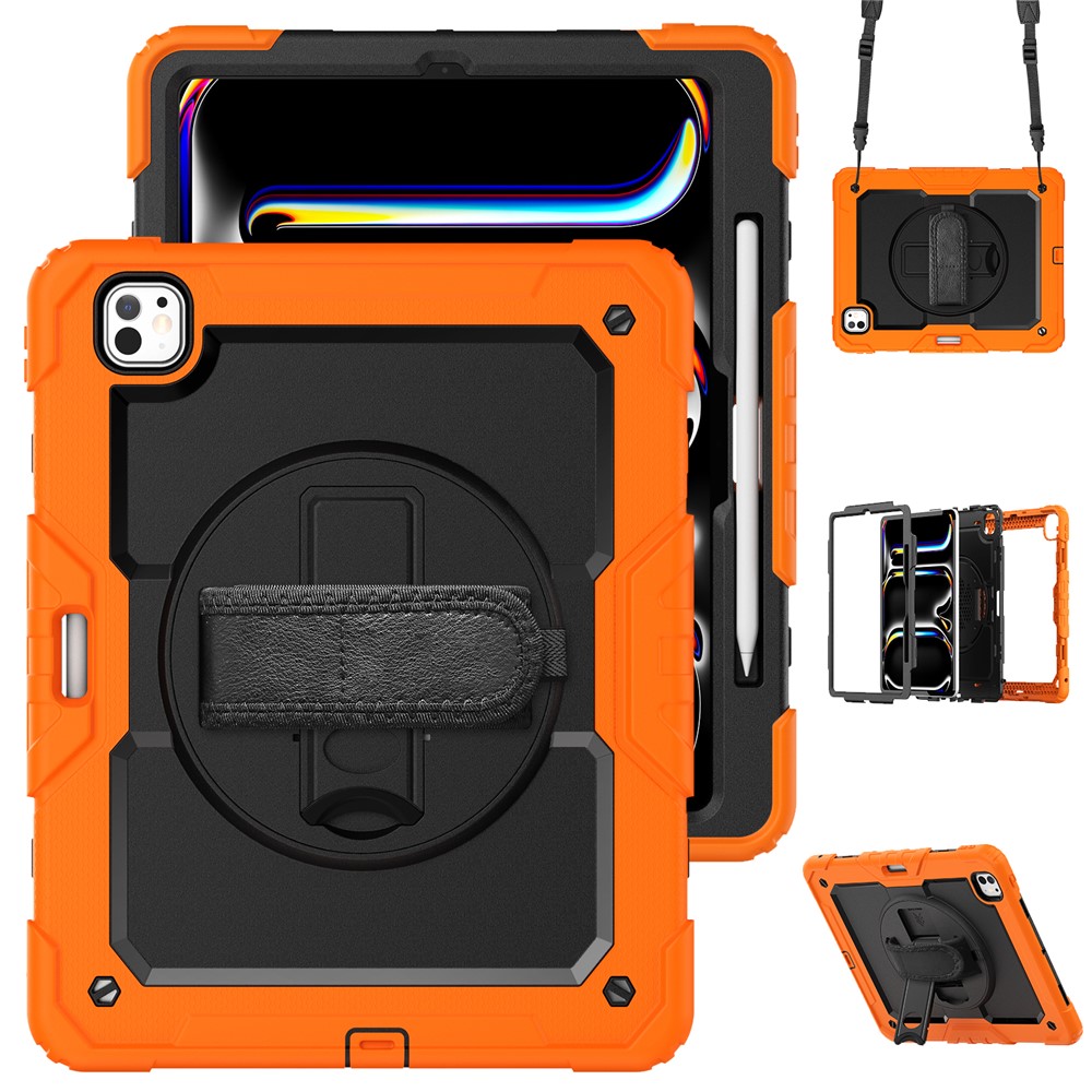For iPad Pro 13 (2025) / 13 (2024) Kickstand Case PC+Silicone Tablet Cover with Screen Film / Shoulder Strap - Orange