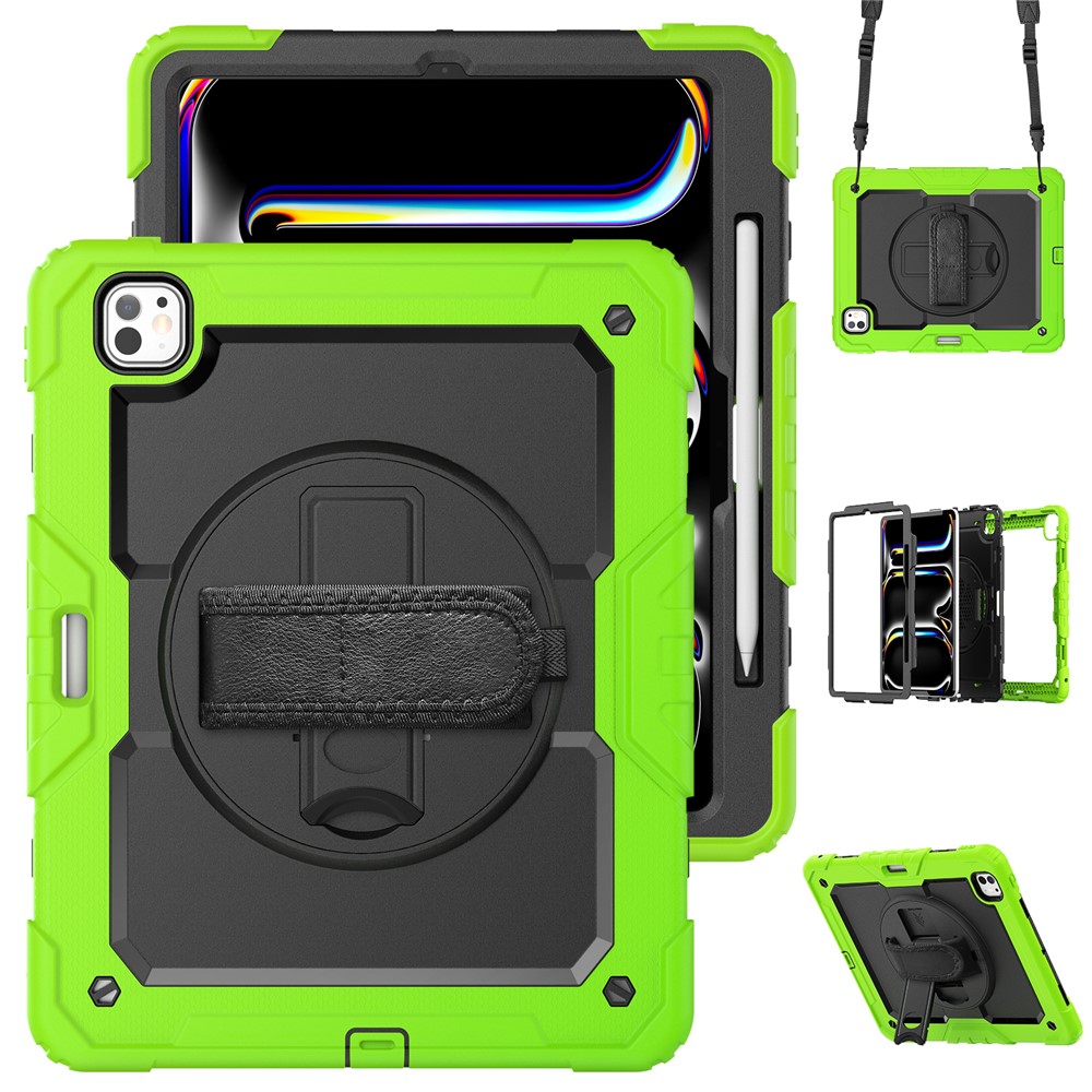 For iPad Pro 13 (2025) / 13 (2024) Kickstand Case PC+Silicone Tablet Cover with Screen Film / Shoulder Strap - Yellowgreen