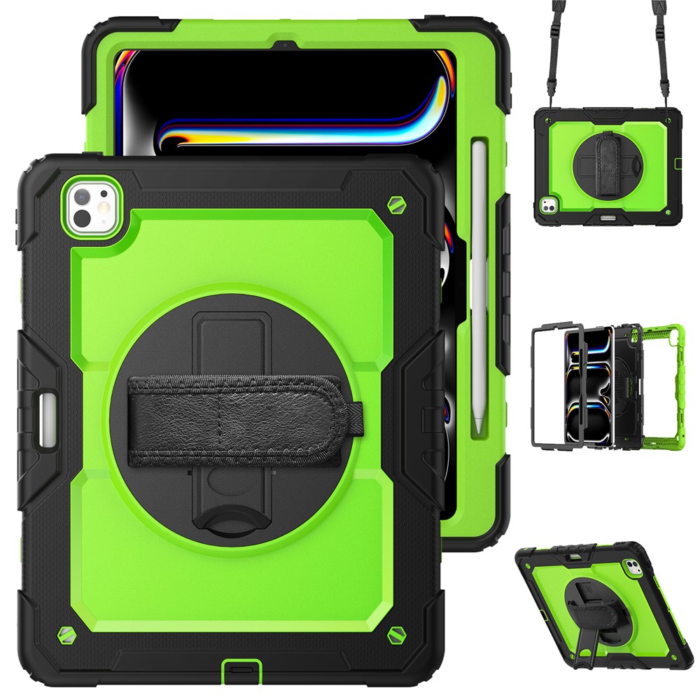For iPad Pro 13 (2025) / 13 (2024) Kickstand Case PC+Silicone Tablet Cover with Screen Film / Shoulder Strap - Yellowgreen+Black