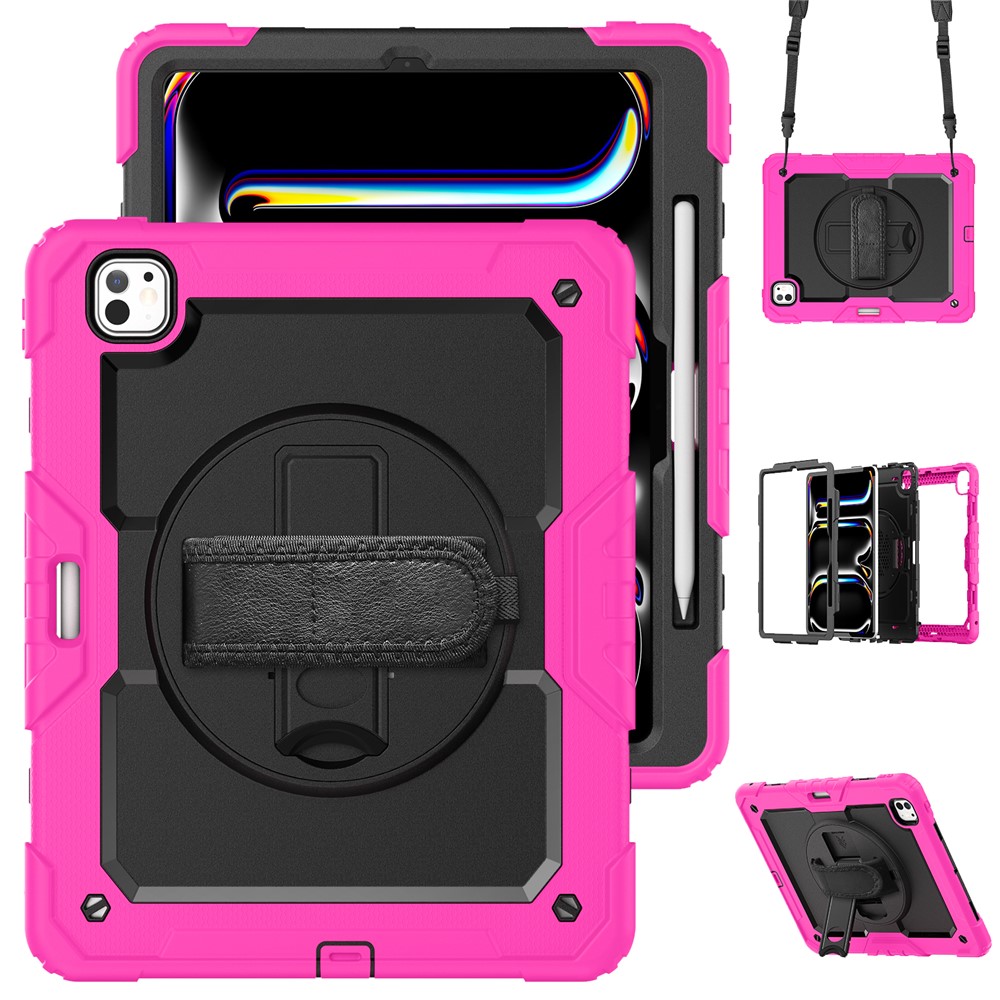 For iPad Pro 13 (2025) / 13 (2024) Kickstand Case PC+Silicone Tablet Cover with Screen Film / Shoulder Strap - Rose