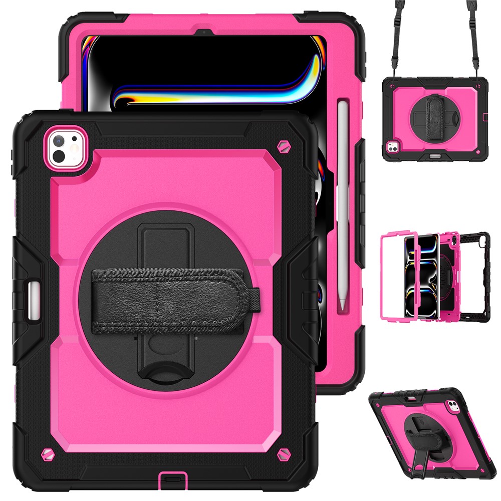 For iPad Pro 13 (2025) / 13 (2024) Kickstand Case PC+Silicone Tablet Cover with Screen Film / Shoulder Strap - Rose+Black