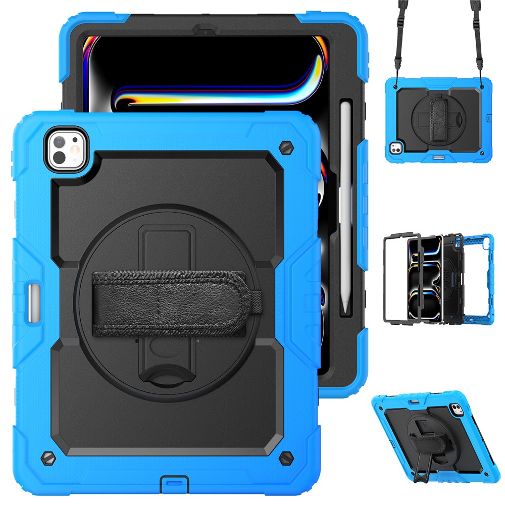 For iPad Pro 13 (2025) / 13 (2024) Kickstand Case PC+Silicone Tablet Cover with Screen Film / Shoulder Strap - Baby Blue