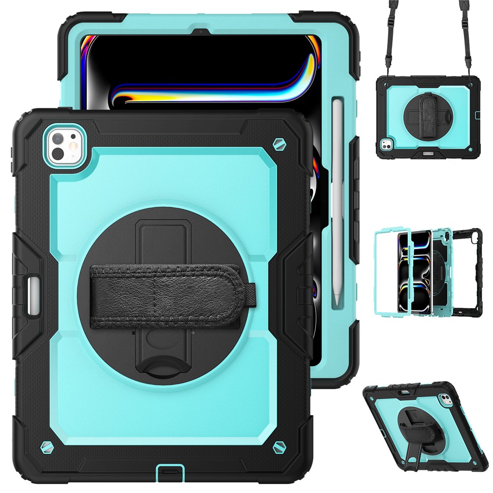 For iPad Pro 13 (2025) / 13 (2024) Kickstand Case PC+Silicone Tablet Cover with Screen Film / Shoulder Strap - Baby Blue+Black
